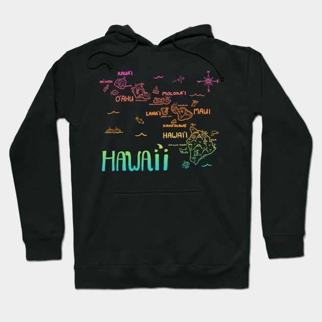 Hawaii Illustrated Map Rainbow Color Hoodie by Claire Lordon